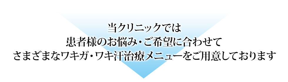 お客様のお悩み・ご希望に合わせてさまざまなワキガ・ワキ汗治療メニューをご用意しております
