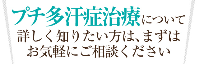 プチ多汗症治療について詳しく知りたい方は、まずはお気軽にご相談ください