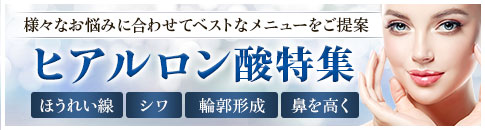 様々なお悩みを合わせてベストなメニューをご提案、ヒアルロン酸特集。【ほうれい線】【シワ】【輪郭形成】【鼻を高く】