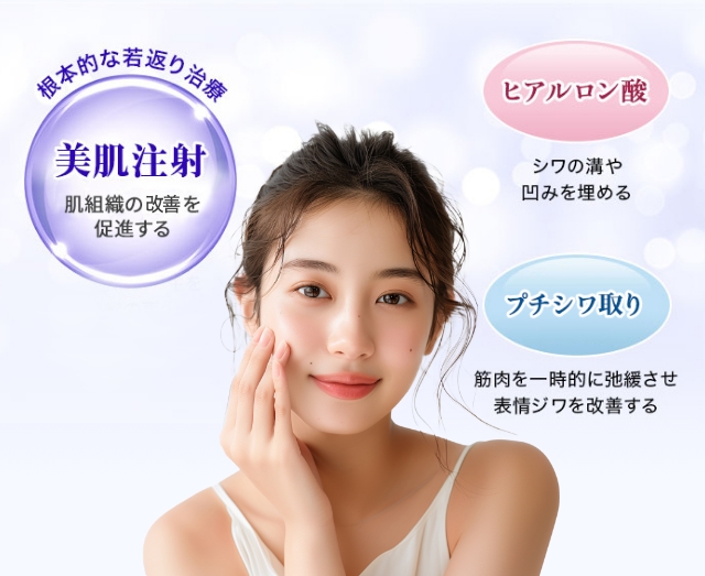 根本的な若返り治療「美肌注射」肌組織の再生を促進する、「ヒアルロン酸」シワの溝や凹みを埋める、「プチシワ取り」筋肉を一時的に弛緩させ表情ジワを改善する