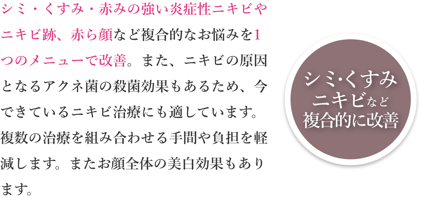 シミ・くすみ・赤みの強い炎症性ニキビやニキビ跡、赤ら顔など複合的なお悩みを1つのメニューで改善。また、ニキビの原因となるアクネ菌の殺菌効果もあるため、今できているニキビ治療にも適しています。複数の治療を組み合わせる手間や料金の負担を軽減します。またお顔全体の美白効果もあります。