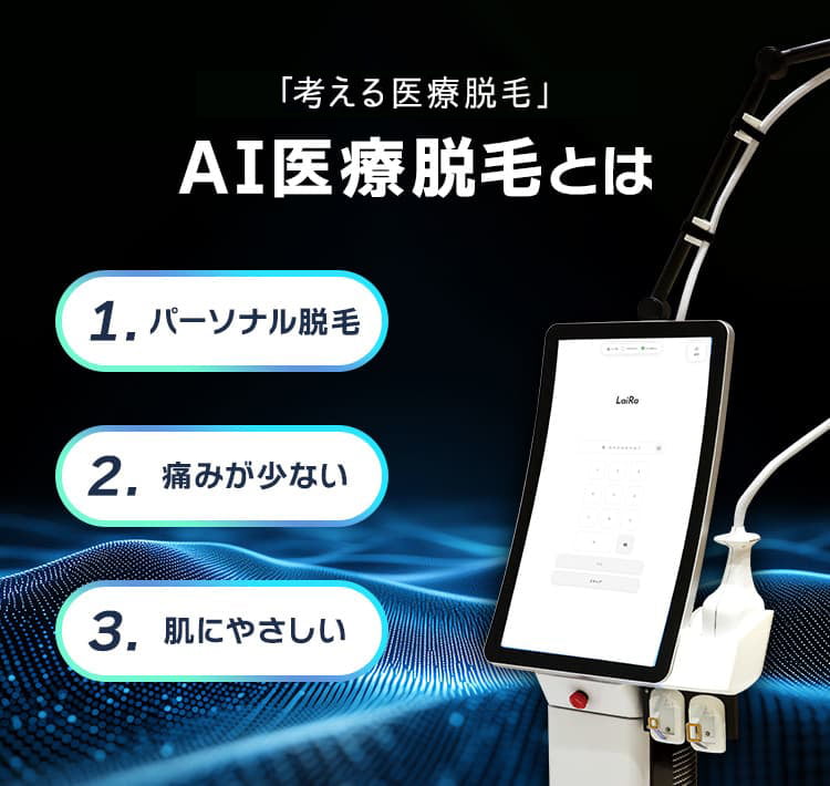 「考える医療脱毛」AI医療脱毛とは 1.パーソナル脱毛 2.痛みが少ない 3.肌にやさしい