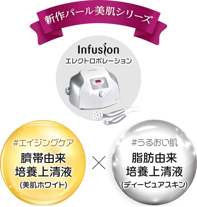 “新作パール美肌シリーズ Infusionvエレクトロポーション #エイジングケア 臍帯由来培養上清液 (美肌ホワイト) #うるおい肌 脂肪由来培養上清液 (ディーピュアスキン)