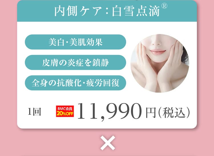白雪点滴®（内側ケア） 美白・美肌効果 皮膚の炎症を鎮静 全身の抗酸化・疲労回復 ×