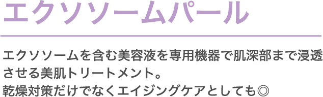 エクソソームパール エクソソームを​含む美容液を​専用機器で​肌深部まで​浸透させる​美肌トリートメント。乾燥対策だけでなく​エイジングケアと​しても​◎